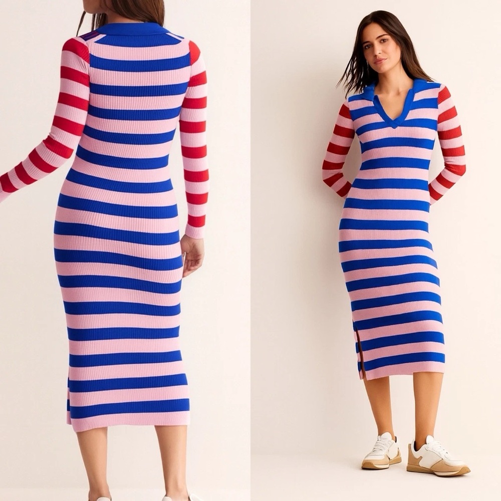 NWT BODEN COLLARED RIBBED MIDI DRESS PINK BLUE & RED STRIPES SZ 4R